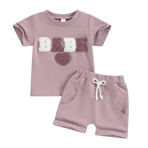 The Devon - Baby Unisex Fuzzy Heart Letter Embroidery Short Sleeve T-Shirts & Shorts