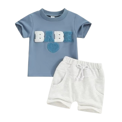 The Devon - Baby Unisex Fuzzy Heart Letter Embroidery Short Sleeve T-Shirts & Shorts