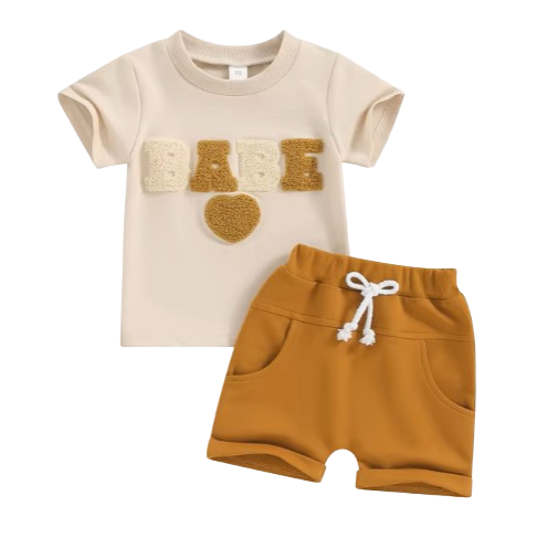 The Devon - Baby Unisex Fuzzy Heart Letter Embroidery Short Sleeve T-Shirts & Shorts