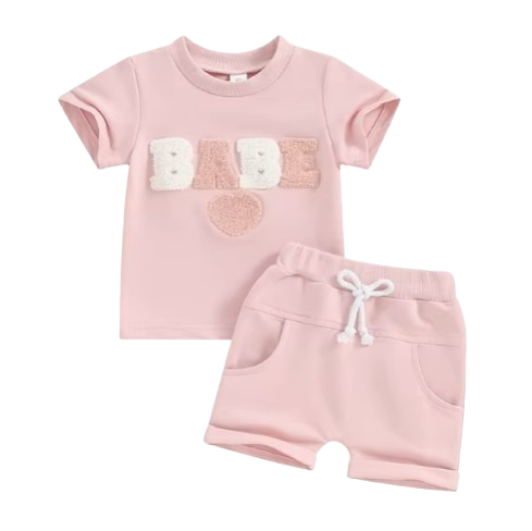 The Devon - Baby Unisex Fuzzy Heart Letter Embroidery Short Sleeve T-Shirts & Shorts