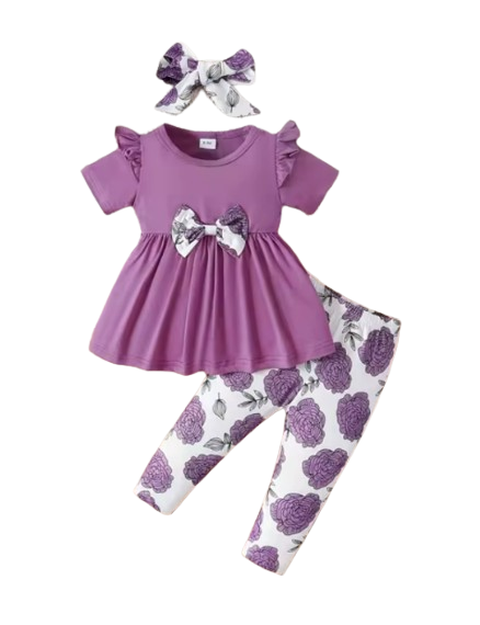 The Eden - Baby Girl Purple Short Sleeved Top + Floral Pants + Headband