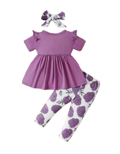 The Eden - Baby Girl Purple Short Sleeved Top + Floral Pants + Headband