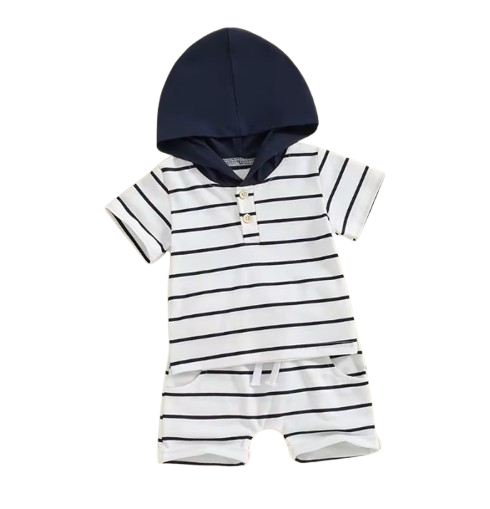 The Eiden - Baby Boy Stripe Print Short Sleeve Hood T-Shirt + Elastic Waist Shorts