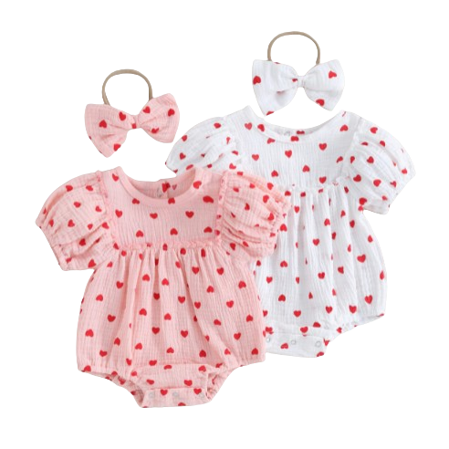 The Elaina - Baby Girl Heart Print Jumpsuit with Bow Headband Set