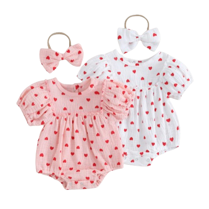 The Elaina - Baby Girl Heart Print Jumpsuit with Bow Headband Set