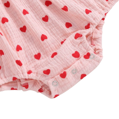 The Elaina - Baby Girl Heart Print Jumpsuit with Bow Headband Set