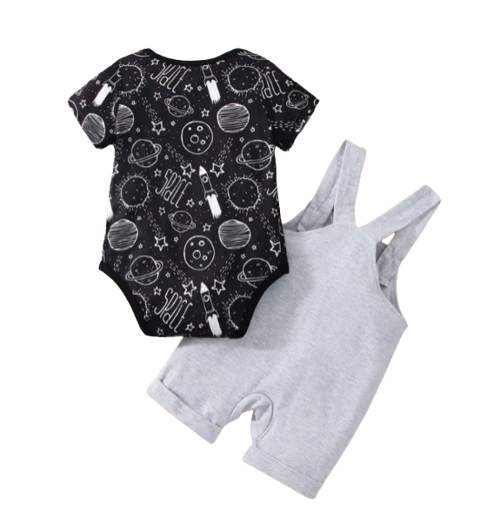 The Elias - Baby Boy Your Little Astronaut Planet Space Print Romper & Solid Bib Shorts Set