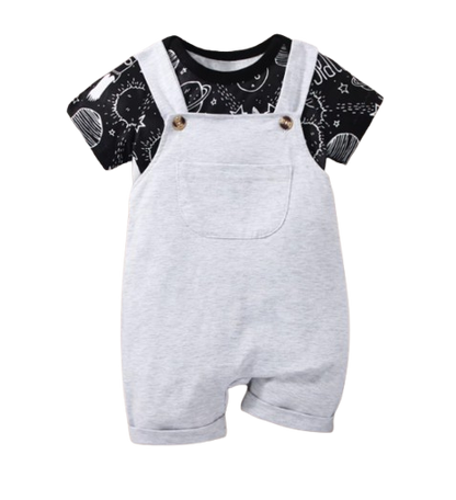 The Elias - Baby Boy Your Little Astronaut Planet Space Print Romper & Solid Bib Shorts Set