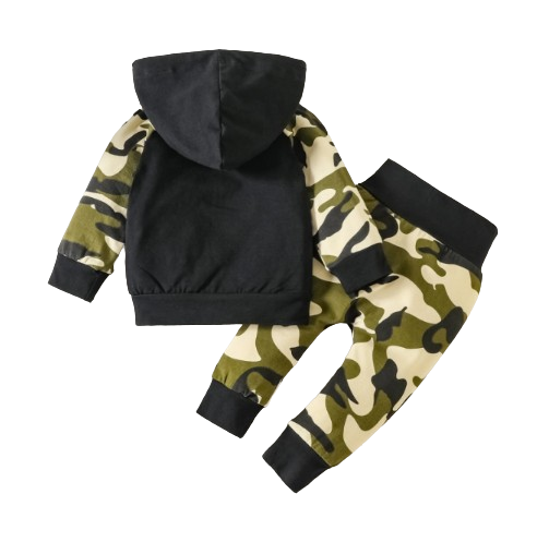 The Elijah - Baby Boy Army Green Camouflage Letter Print Hooded Long Sleeve Top+Trousers