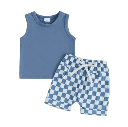 The Emiliano - Baby Boy Solid Sleeveless Tank Tops Checkerboard & Elastic Waist Shorts