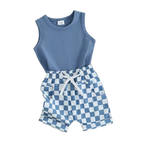 The Emiliano - Baby Boy Solid Sleeveless Tank Tops Checkerboard & Elastic Waist Shorts