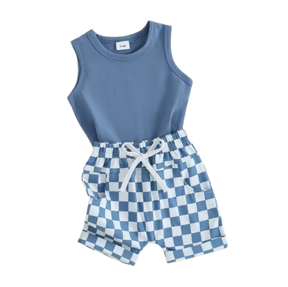 The Emiliano - Baby Boy Solid Sleeveless Tank Tops Checkerboard & Elastic Waist Shorts