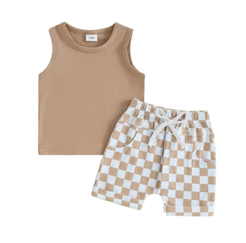 The Emiliano - Baby Boy Solid Sleeveless Tank Tops Checkerboard & Elastic Waist Shorts