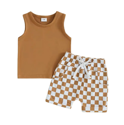 The Emiliano - Baby Boy Solid Sleeveless Tank Tops Checkerboard & Elastic Waist Shorts