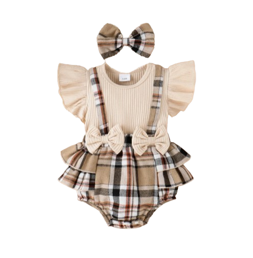 The Evangeline - Baby Girl Brown Ruffle Sleeve Plaid Romper & Headband