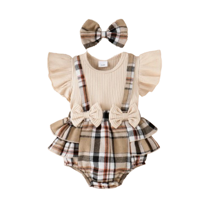 The Evangeline - Baby Girl Brown Ruffle Sleeve Plaid Romper & Headband