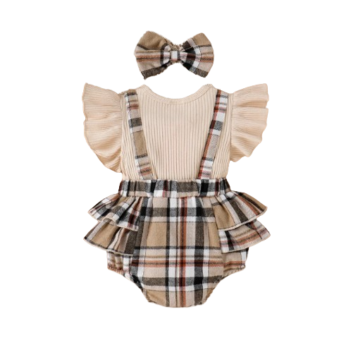 The Evangeline - Baby Girl Brown Ruffle Sleeve Plaid Romper & Headband