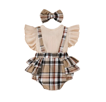 The Evangeline - Baby Girl Brown Ruffle Sleeve Plaid Romper & Headband