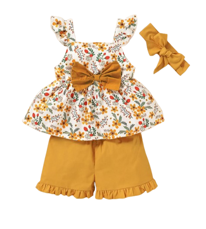 The Gianna - Baby Girl Floral Sling Top with Bow + Shorts + Headband