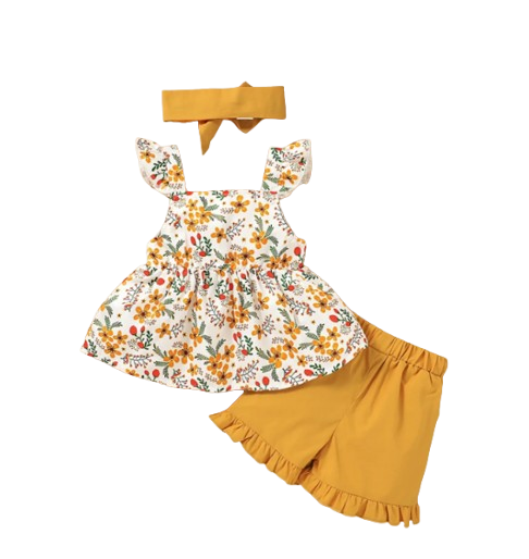 The Gianna - Baby Girl Floral Sling Top with Bow + Shorts + Headband