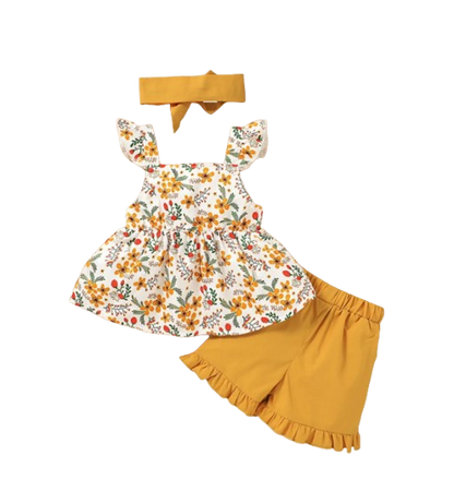 The Gianna - Baby Girl Floral Sling Top with Bow + Shorts + Headband