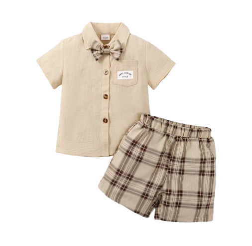 The Greyson - Baby Boy Short Sleeved Solid Color Shirt with Bow Tie + Shorts