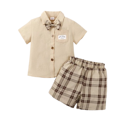 The Greyson - Baby Boy Short Sleeved Solid Color Shirt with Bow Tie + Shorts