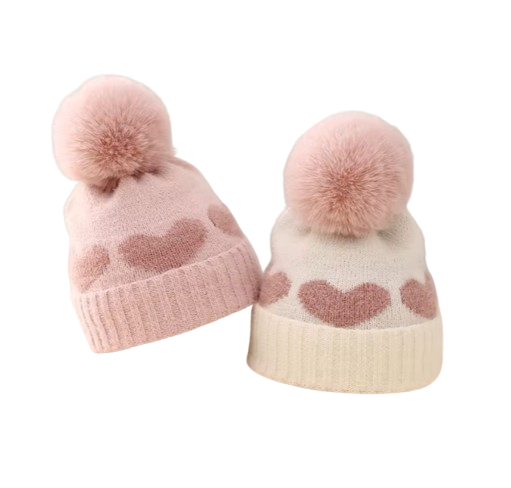 The Halo - Baby Fur Pompom Heart Printed Hat