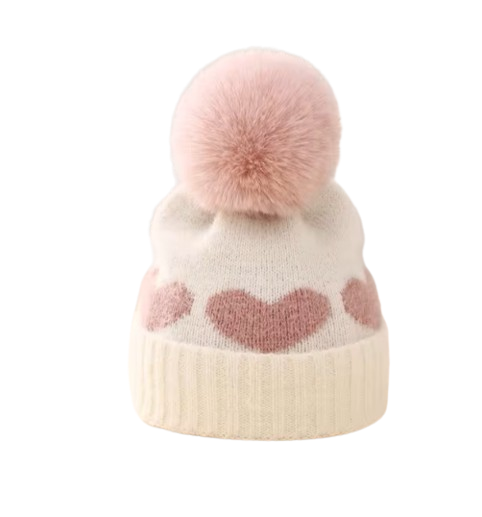 The Halo - Baby Fur Pompom Heart Printed Hat