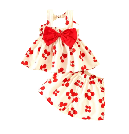 The Maria - Baby Girl Sweet Printed Bow Decorative Strap Top And Shorts