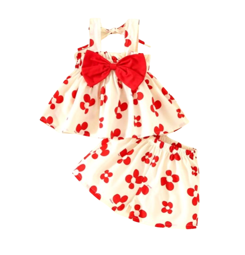 The Maria - Baby Girl Sweet Printed Bow Decorative Strap Top And Shorts