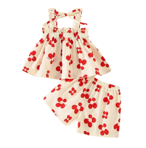 The Maria - Baby Girl Sweet Printed Bow Decorative Strap Top And Shorts