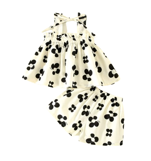 The Maria - Baby Girl Sweet Printed Bow Decorative Strap Top And Shorts