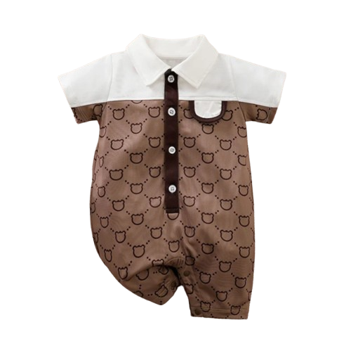 The Jose - Baby Unisex Bear Print Patchwork Short Sleeved Jumpsuit