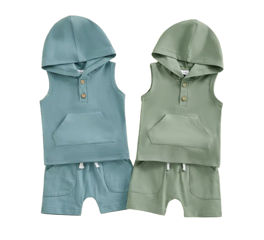 The Jesiah - Baby Boy Solid Color Hooded Vest + Elastic Waist Shorts