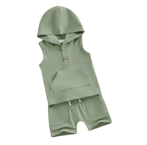 The Jesiah - Baby Boy Solid Color Hooded Vest + Elastic Waist Shorts