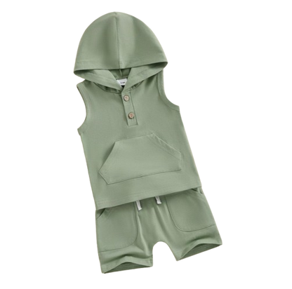 The Jesiah - Baby Boy Solid Color Hooded Vest + Elastic Waist Shorts