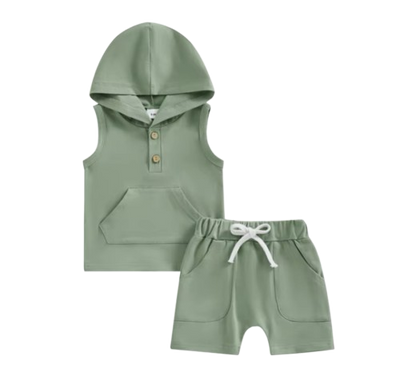 The Jesiah - Baby Boy Solid Color Hooded Vest + Elastic Waist Shorts