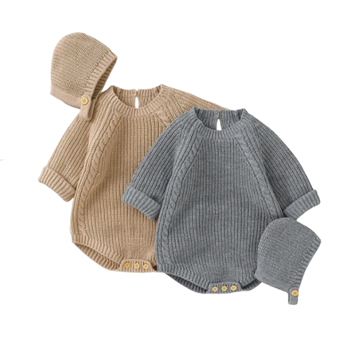 The John - Baby Unisex Warm Knit Jumpsuit Long Sleeve Soft Outfits + Hats