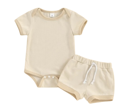 The Jude - Baby Unisex Patchwork Crew Neck Short Sleeve Rompers + Shorts