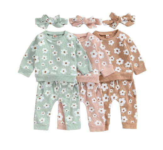 The Kaeli - Baby Girl Princess Floral Long Sleeve Sweatshirt Tops +  Pants Bow + Headband