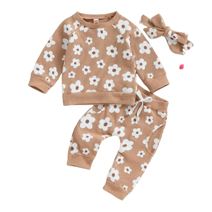 The Kaeli - Baby Girl Princess Floral Long Sleeve Sweatshirt Tops +  Pants Bow + Headband