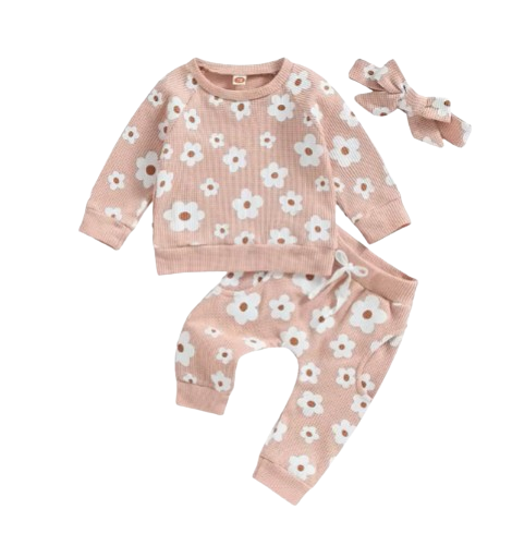 The Kaeli - Baby Girl Princess Floral Long Sleeve Sweatshirt Tops +  Pants Bow + Headband