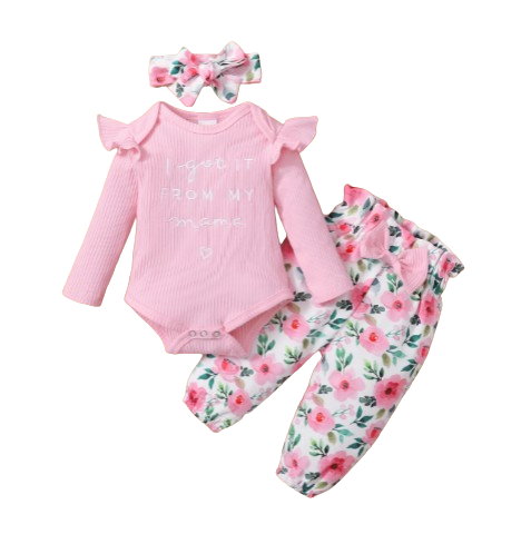 The Kinsley - Baby Girl Pink Print Long Sleeve + Floral Pants + Headband