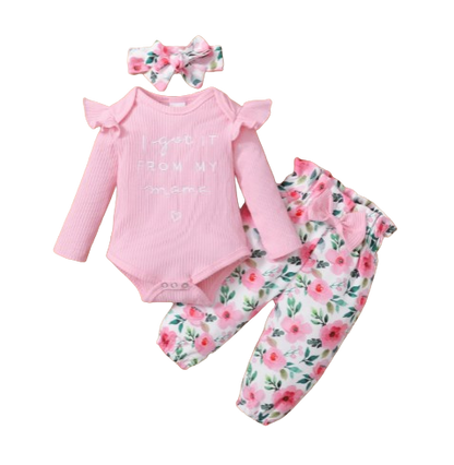 The Kinsley - Baby Girl Pink Print Long Sleeve + Floral Pants + Headband