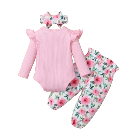 The Kinsley - Baby Girl Pink Print Long Sleeve + Floral Pants + Headband