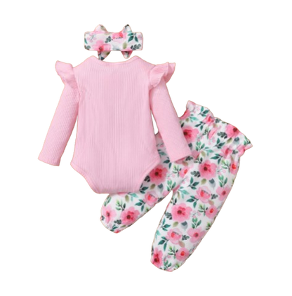 The Kinsley - Baby Girl Pink Print Long Sleeve + Floral Pants + Headband