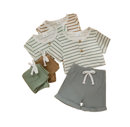 The Kyren - Baby Boy Ribbed Stripe Short Sleeve Button T-Shirt + Shorts