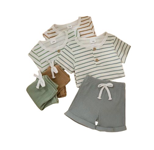 The Kyren - Baby Boy Ribbed Stripe Short Sleeve Button T-Shirt + Shorts