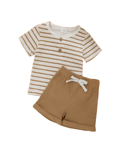 The Kyren - Baby Boy Ribbed Stripe Short Sleeve Button T-Shirt + Shorts